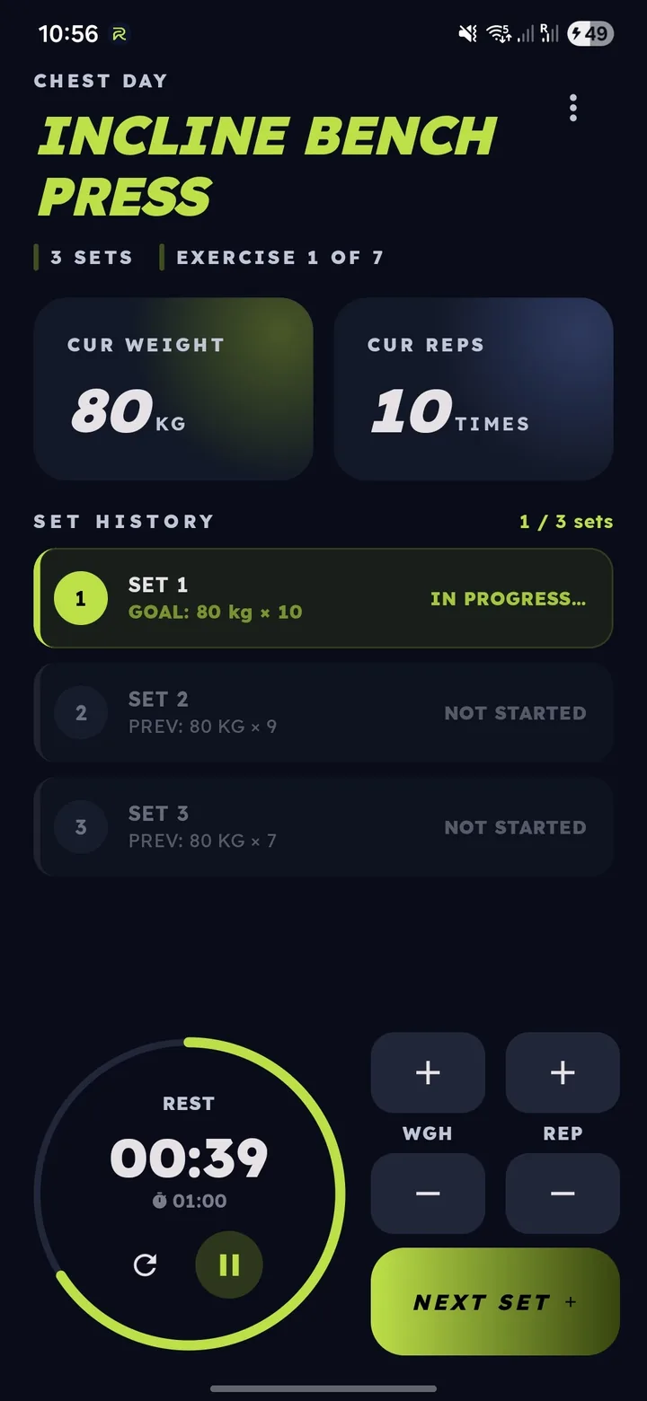 RepTrackr tracking an Incline Bench Press set on an Android phone