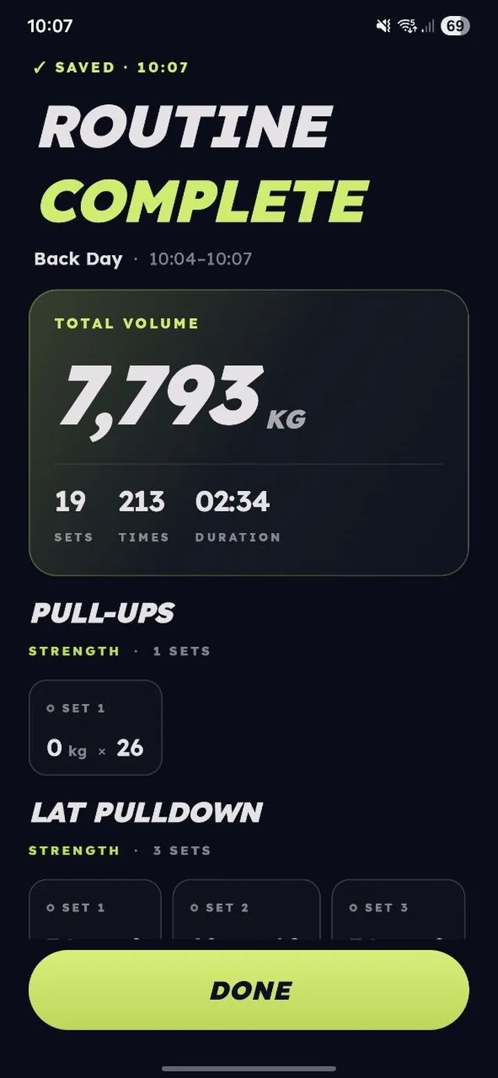 RepTrackr routine-complete summary with total volume and duration on an Android phone