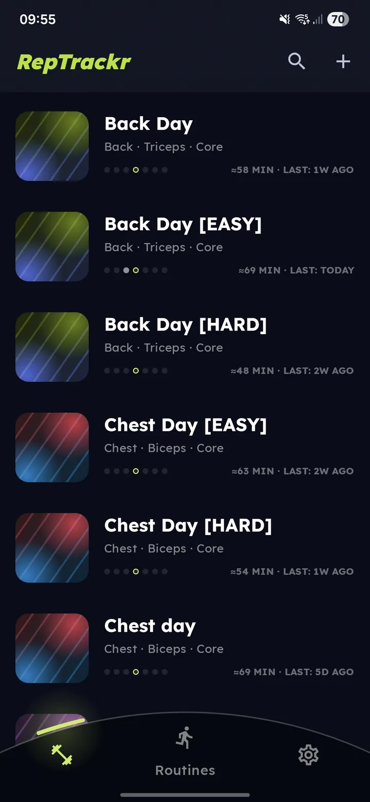 RepTrackr routine list on an Android phone
