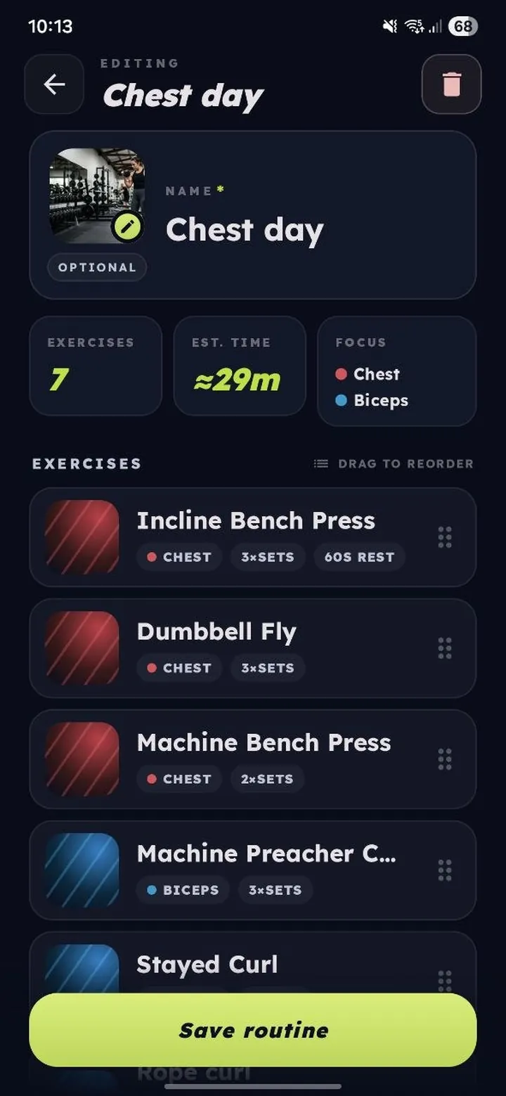 RepTrackr routine editor with a custom icon and exercise list on an Android phone