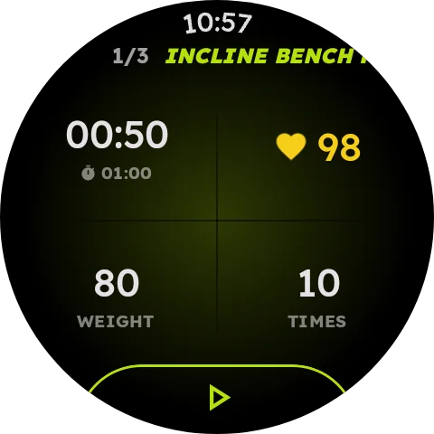 RepTrackr showing the live set, heart rate and rest timer on a Wear OS watch